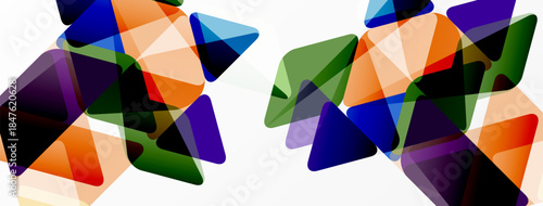 Abstract triangles overlap, creating vibrant colorful patterns. Shapes vary in size, hue, transparency. Modern design element.