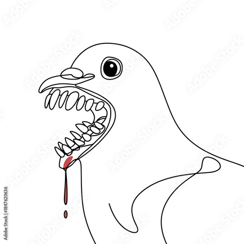 Aggressive Pigeon with Sharp Teeth and Blood Dripping From Mouth, Single Line Art