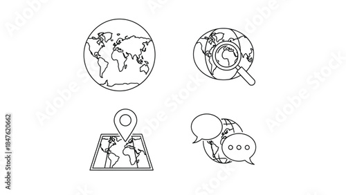 Set of four black line icons representing global communication search navigation and world connection concepts