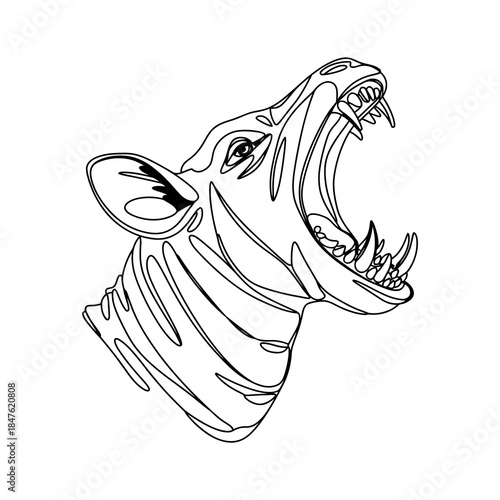 Aggressive Zebra Head Roaring with Open Mouth and Sharp Teeth, Continuous Line Art