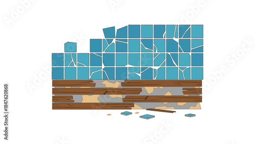 Cracked blue tiles on damaged wooden wall with peeling paint