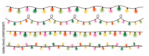 Christmas garlands set. Xmas light decoration with festive holiday electric bulbs. Lightbulb strands, glowing illumination, colorful ornament. Flat vector illustrations isolated on white background