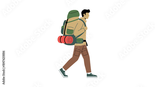Man hiking with large backpack and sleeping bag
