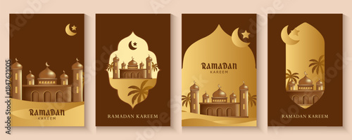 Ramadan and Eid greeting cards background with copy space,Eid Al-Fitr Mubarak, Ramadan Kareem, Islamic Style Greeting Background Collection with Arabic Ornaments in Modern design with geometric shape.