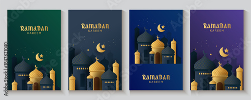 Ramadan and Eid greeting cards background with copy space,Eid Al-Fitr Mubarak, Ramadan Kareem, Islamic Style Greeting Background Collection with Arabic Ornaments in Modern design with geometric shape.