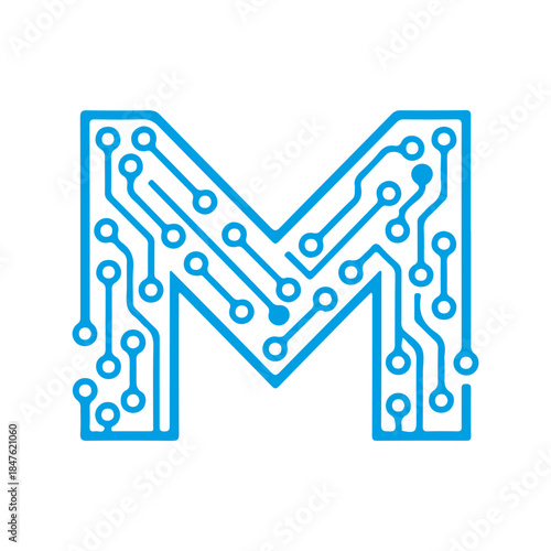 A vector icon featuring the letter 'M' designed with blue electronic circuit lines, symbolizing Machine Learning, modern tech, and digital manufacturing. Ready in PNG, JPG, and editable EPS formats.