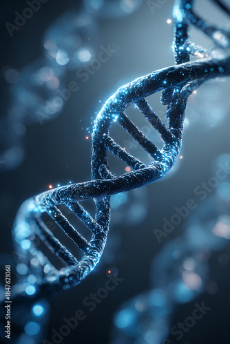 DNA double helix glowing in vibrant blue tones with abstract light particles and molecular structures in a modern scientific environment
