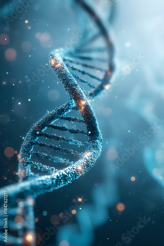 DNA double helix glowing in vibrant blue tones with abstract light particles and molecular structures in a modern scientific environment
