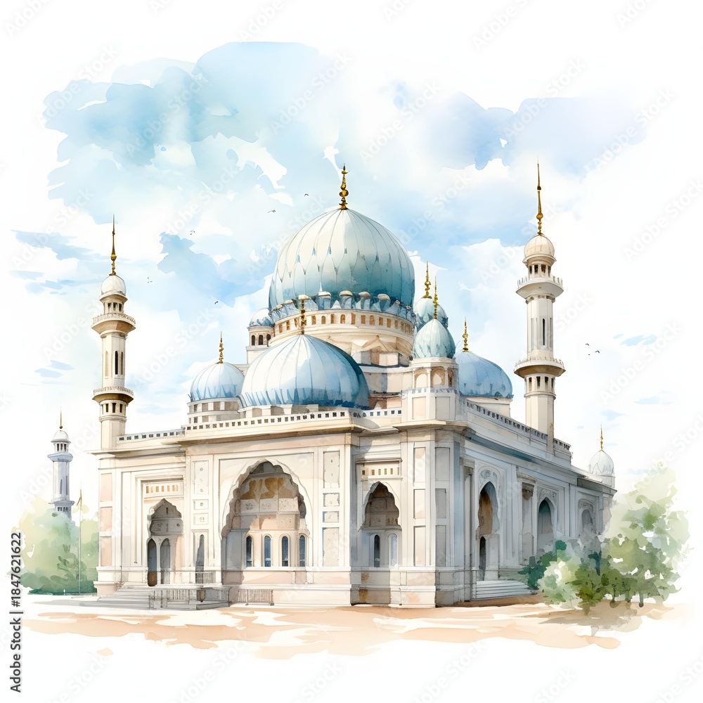 Obraz premium Watercolor painting of a grand mosque with minarets against a cloudy sky