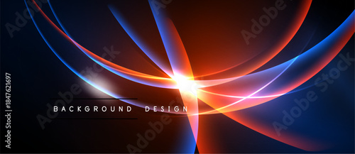 Abstract design features vibrant curves, radiating from central bright point. Blue, orange hues dominate dark background. Modern, dynamic composition.
