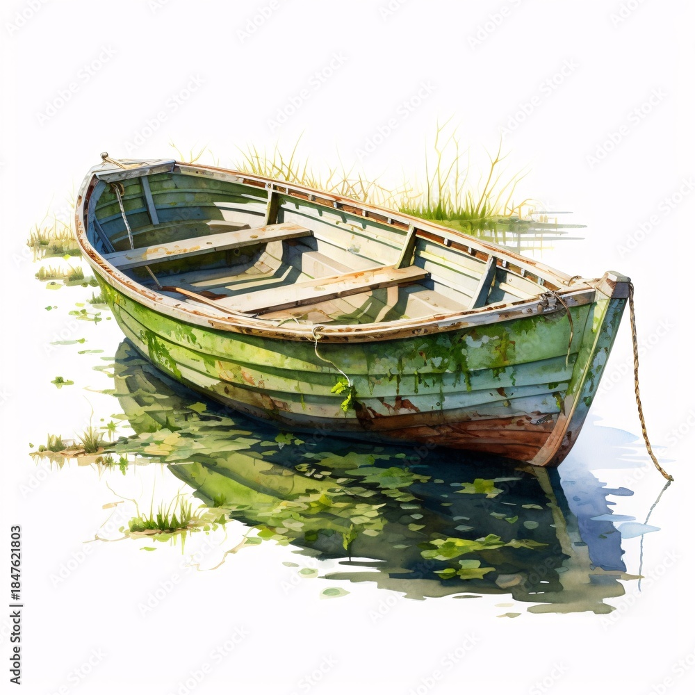 Obraz premium Old rowboat sits gently in the water with green algae