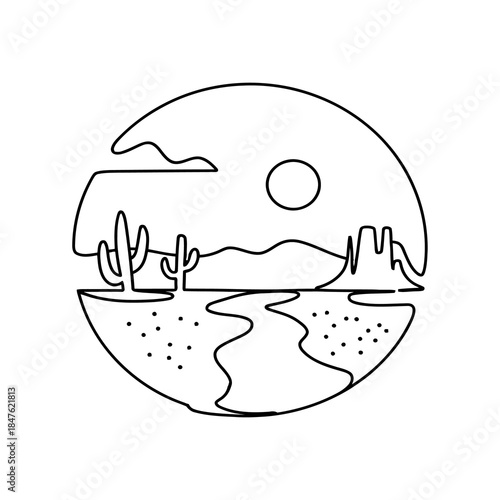Desert Landscape with Cacti, Mountains, Sun, and Winding River in Circle