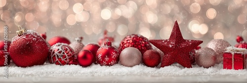 Festive Red Ornaments on Snow with Sparkling Bokeh Background