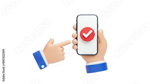 3D Hands Pointing at Smartphone with Checkmark