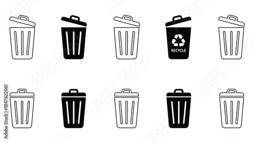 Black and white trash can icons for business and design use