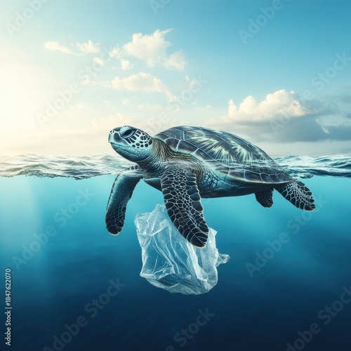 A sea turtle swims in clear ocean water while holding a plastic bag in its mouth. Sunlight shines above