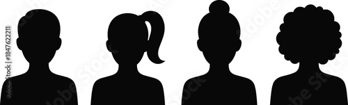 Minimal black avatar silhouette icons showing diverse hairstyles male female profile placeholders isolated on white background for user interface design