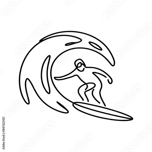 Surfer Riding Wave in Continuous Line Art Style, Minimalist Ocean Sport Illustration