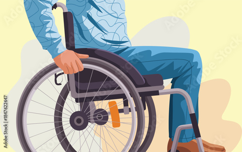 Person in wheelchair sitting on a light background with abstract shapes
