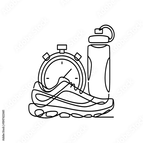 Running Shoe Stopwatch and Water Bottle Line Art for Fitness and Sports Training