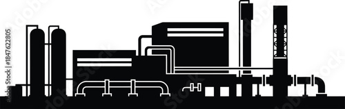 Industrial factory with pipes and tanks silhouette on transparent background representing manufacturing