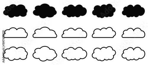 Set of Cloud Icon Black Line. Clouds vector Illustration with Weather Climate Symbol. Editable stroke thin line with Cartoon Bubble Sign.