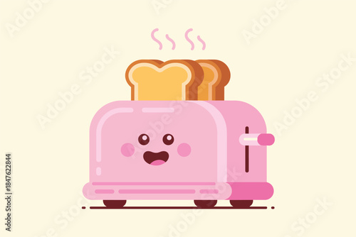 A cartoon toaster with toast popping up, displaying a cheerful expression, in a minimalist environment, viewed from the front.