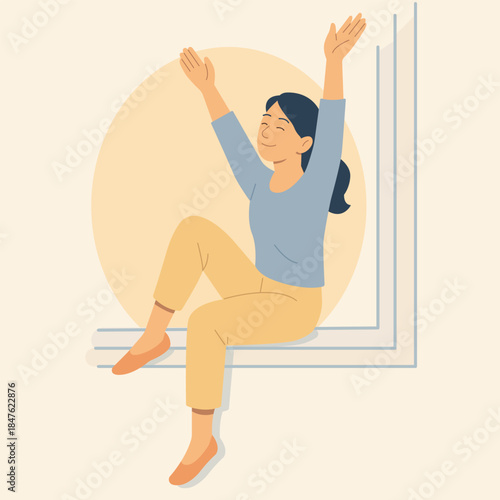 Minimal illustration of a woman sitting by a window with arms raised and eyes closed. Concept of morning stretch, relaxation, positive mood, calm lifestyle, and peaceful moment.