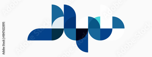Abstract graphic design features overlapping blue shapes. Minimalist composition evokes movement, connection, modern aesthetic. Clean lines, simple forms.