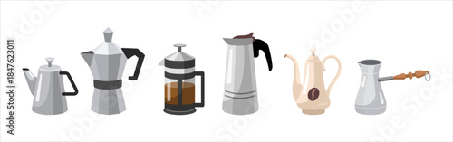 Different Coffee pots collection. Cartoon style, flat design. Vector illustration. Coffee makers icons