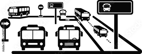 Collection of bus silhouettes and road signs illustrating public transportation and bus routes