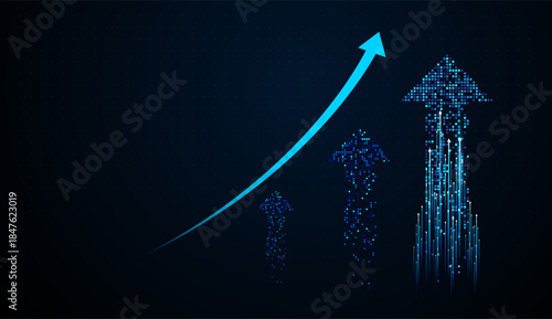 The Vertical light trails transform into a pixel arrow, representing data-driven performance and rising markets. Big digital pixels blue of Arrows Finance concept