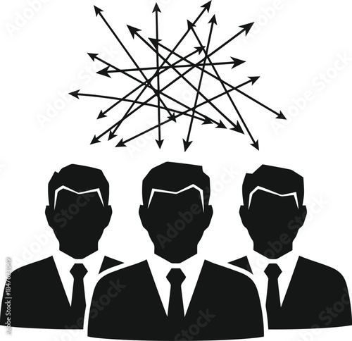 Businessmen with confused arrows overhead