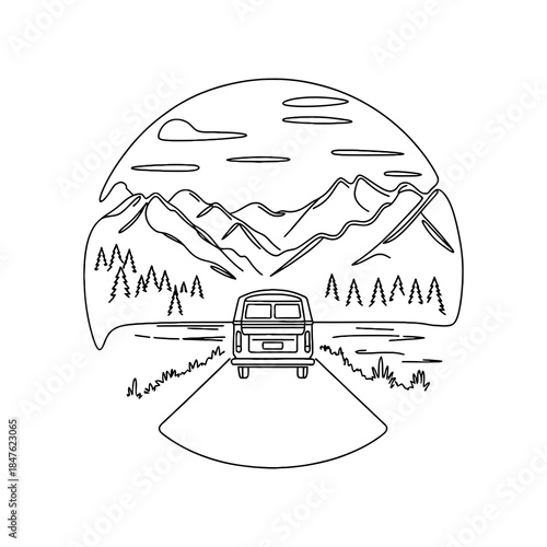 Vintage Camper Van Driving Towards Majestic Mountains and Forest Landscape