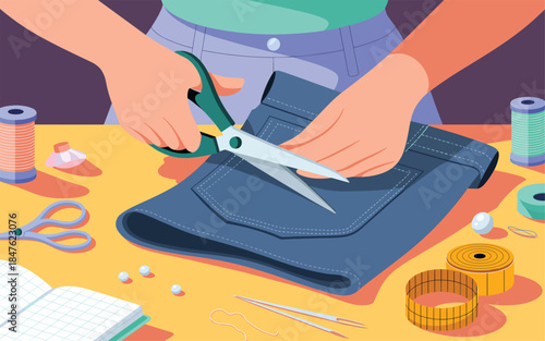 A person is cutting fabric with scissors on a table surrounded by sewing supplies