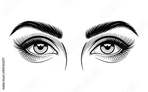 Illustration of a pair of eyes with heart-shaped pupils and thick eyelashes viewed from the front