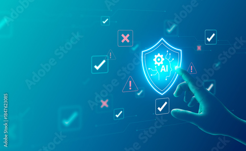 AI-powered automated debugging or troubleshooting. Artificial intelligence diagnostics and detection. System engineer using digital interface to instruct AI monitoring. AI for system maintenance.
