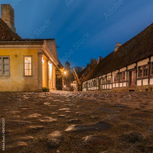 16-12-2025 - Denmark, Aarhus. Here The old town in aarhus. with cobbled streets and half-timbered houses