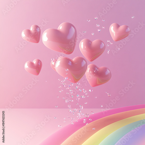 Romantic composition of pink hearts isolated on a pink background. Template for a greeting card, invitation, or print.