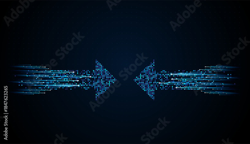 Two Arrows Transfer pointing on the Center to presents. Abstract technology hi tech background concept speed movement motion blur moving fast