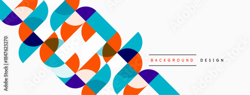 Abstract geometric pattern. Circles, squares overlap creating dynamic visual effect. Bright colors dominate white space. Modern design element.