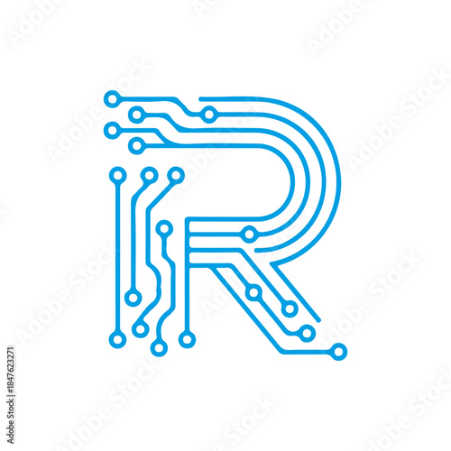 A vector icon of the letter 'R' designed with blue electronic circuit lines, symbolizing robotics, research, and digital reality technology. Ready in PNG, JPG, and editable EPS formats.