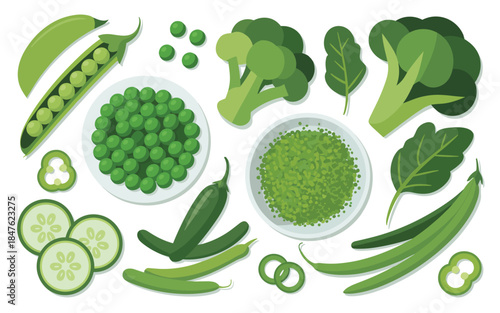Assortment of green vegetables and legumes arranged on a white background