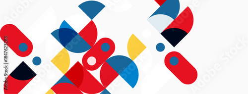 Abstract geometric shapes overlap, creating vibrant composition. Red, blue, yellow elements dominate white background. Modern design.