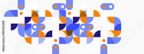 Abstract geometric shapes, orange, blue hues. Minimalist design, clean lines, modern aesthetic. Composition creates playful pattern.