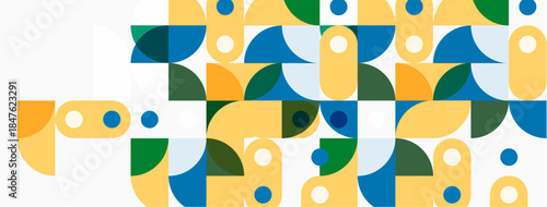 Abstract geometric pattern. Shapes include circles, squares, curves. Colors are yellow, blue, green, orange. Modern design element.