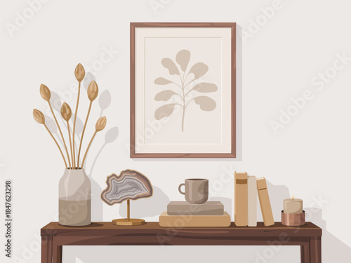 A serene illustration of a vase with plants on a console table indoors with a framed leaf artwork in the background