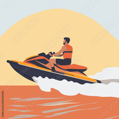 Young man riding orange jet ski on water during sunset with minimalist flat style vector illustration of summer water sports activity and leisure adventure