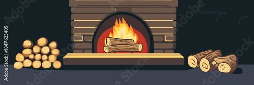 Minimalist flat vector illustration of cozy indoor brick fireplace with bright flames and stacked firewood on both sides in warm atmosphere