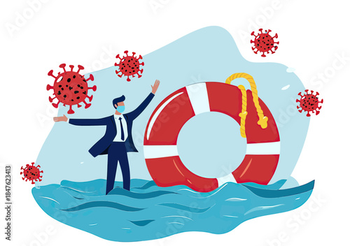 Businessman wearing face mask in water surrounded by virus particles holding life buoy symbolizing coronavirus crisis support and survival concept vector illustration